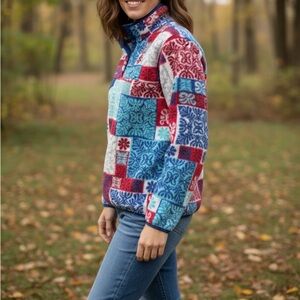 Patagonia Synchilla Nordic Patchwork Fleece Jacket Boho Red Blue & White Small